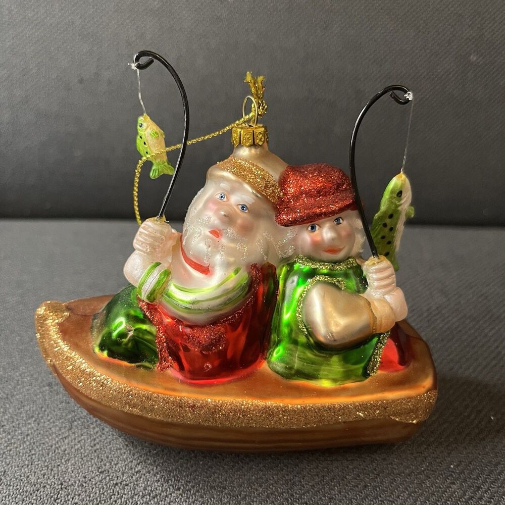Vintage Style Blown Glass Christmas Ornament Santa & Mrs Claus Fishing In Boat